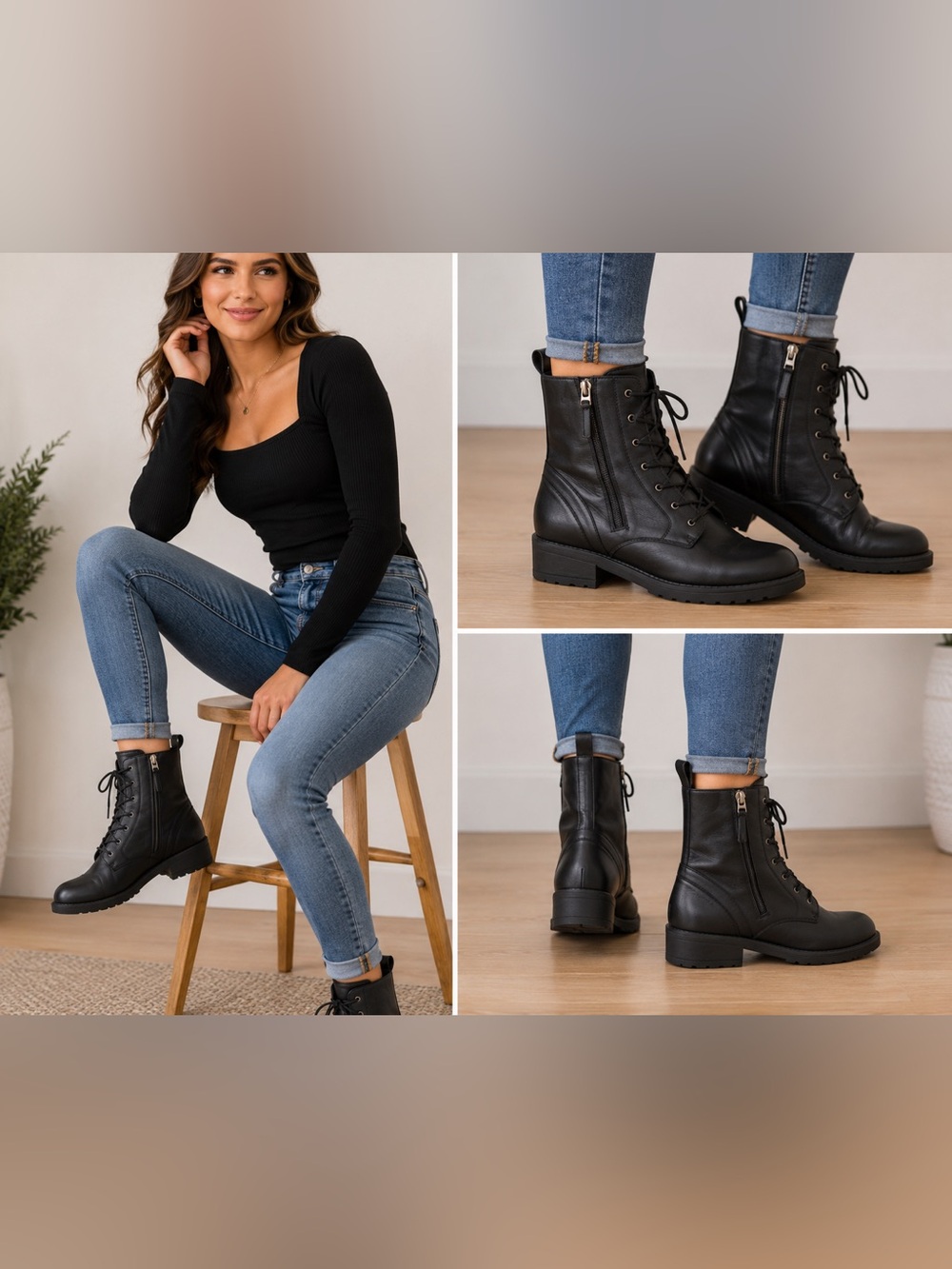 Cole Haan Black Combat Boots Women’s Size 10B Lace Up Side Zip Lug Ankle Boots